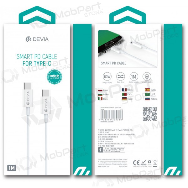 USB cable Devia Smart PD Type-C - Type-C 20V 3.0A 60W (white)