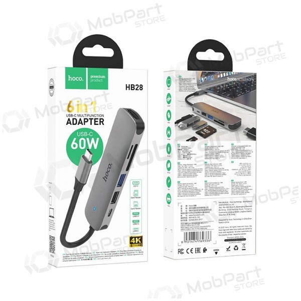 USB-C adapter Hoco HB28 USB-C to HDMI + USB 3.0 + USB 2.0 + SD + TF + PD gray
