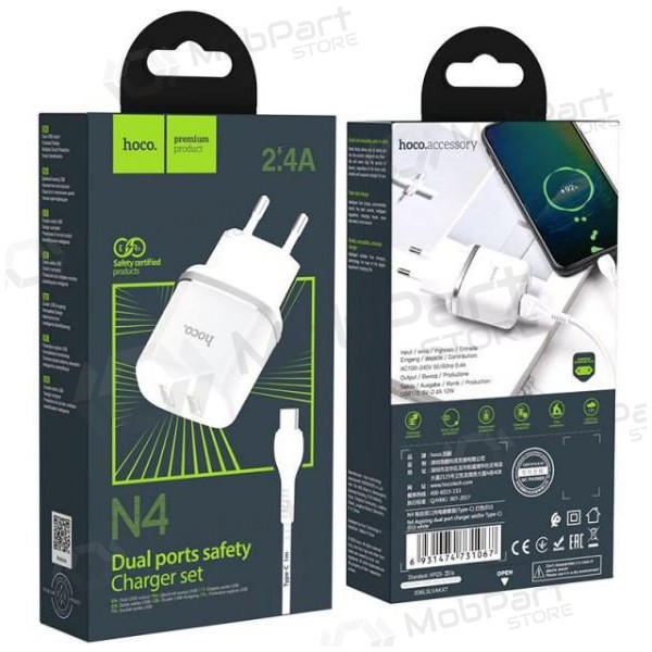 Charger HOCO N4 Aspiring Dual USB + type-C cable (5V 2.4A) (white)