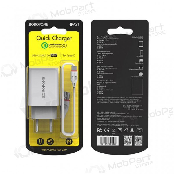 Charger BOROFONE BA21A Long journey QC3.0 USB + Type-C cable 18W (3.6V-6.5V/3A, 6.6V-9V/2A, 9.1V-12V/1.5A) (white)