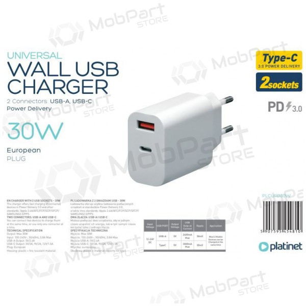 Platinet QuickCharge Type-C+USB 2.4A (30W) charger