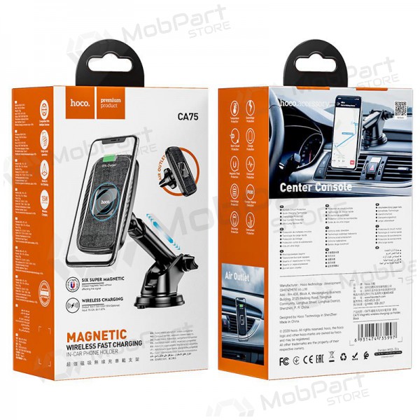 Car phone holder, Wireless charger Hoco CA75 magnetis, black Car phone holder, Wireless charger Hoco CA75 magnetis, black