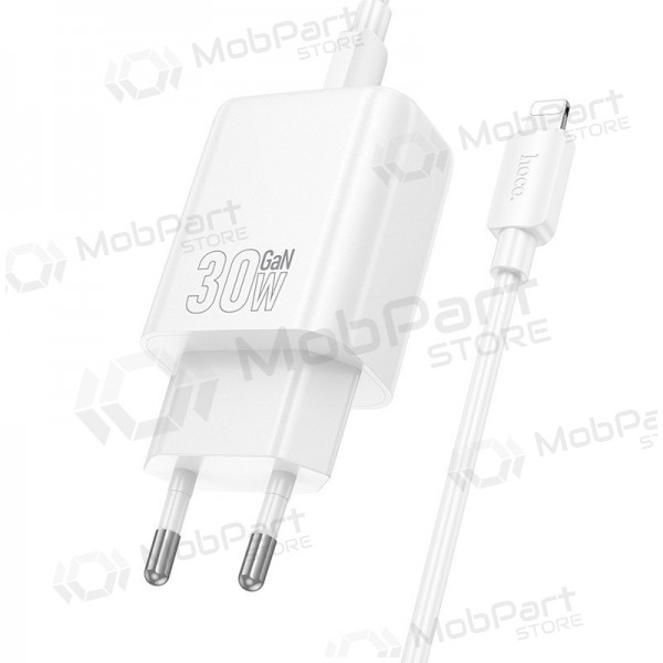 Phone charger Hoco N63 30 W GaN USB-C + USB-A with Lightning cable 1 m white