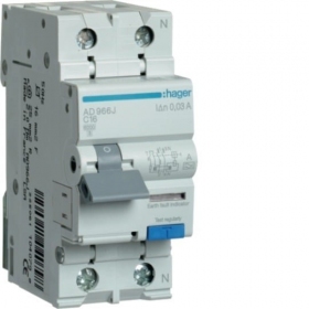 Residual current circuit breaker with overcurrent protection Hager AD966J (2P, 16A, C, type AC, 1P+N, 6kA)