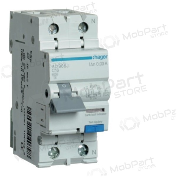 Residual current circuit breaker with overcurrent protection Hager AD966J (2P, 16A, C, type AC, 1P+N, 6kA)