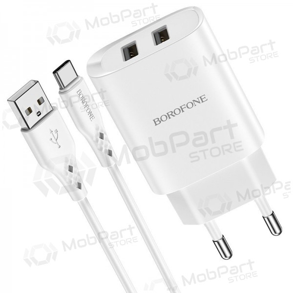 Charger Borofone BN2 2xUSB 2.1A + USB Type-C (white)