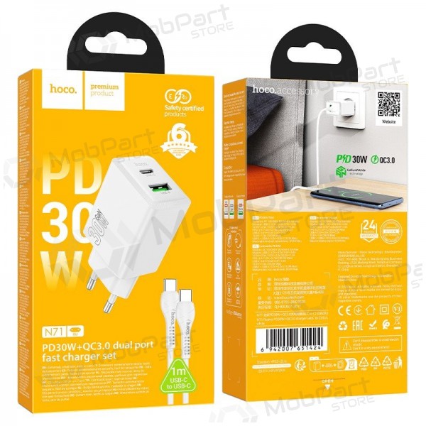 Phone charger Hoco N71 30 W GaN USB-C + USB-A with USB-C cable 1 m white