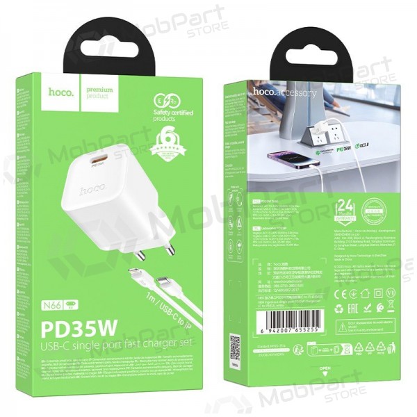 Hoco N66 35 W GaN USB-C + USB-A phone charger with Lightning cable 1 m white