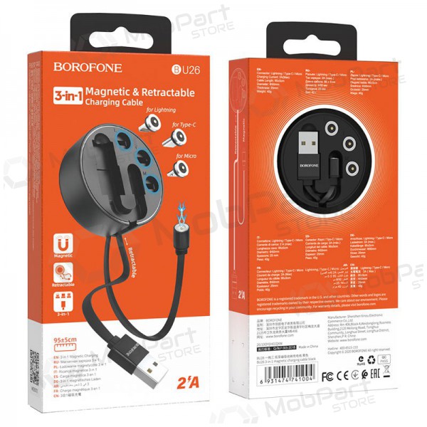 USB cable Borofone BU26 3in1 microUSB-Lightning-Type-C magnetinic 1.0m (black)