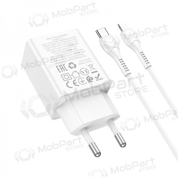 Phone charger Hoco N71 30 W GaN USB-C + USB-A with Lightning cable 1 m white