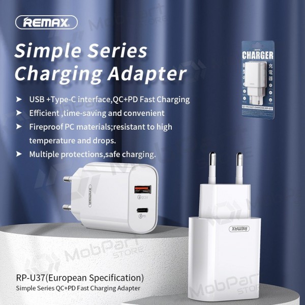 Phone charger Remax RP-U37 20 W USB-C + USB-A white