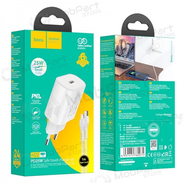 Phone charger Hoco N22 25 W USB-C with Lightning cable 1 m white