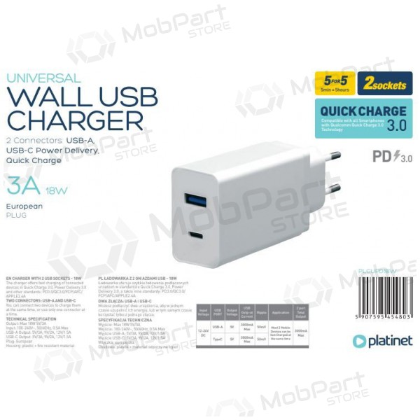 Platinet QuickCharge Type-C+USB 3.0A (18W) charger
