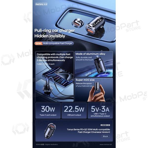 Car phone charger Remax RCC359 30 W USB-C + USB-A black