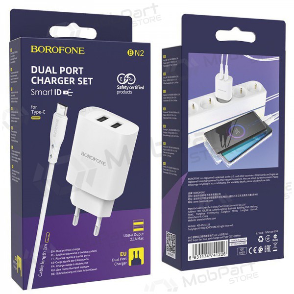Charger Borofone BN2 2xUSB 2.1A + USB Type-C (white)