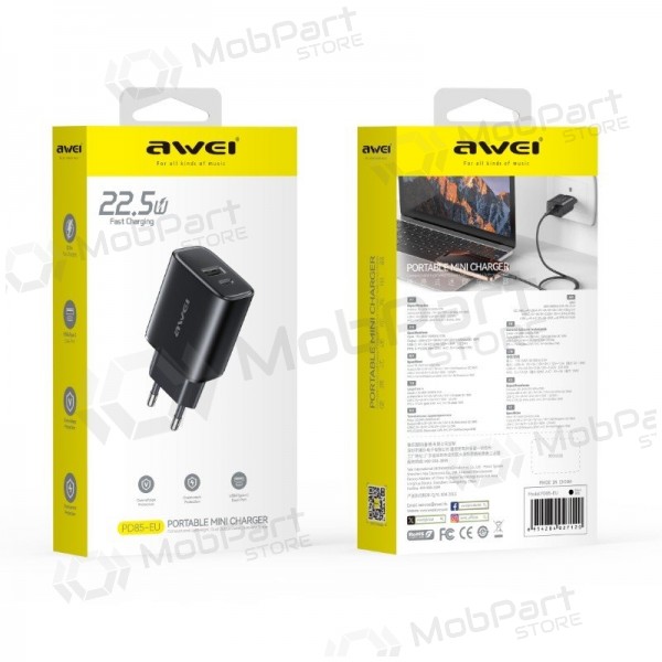 Phone charger Awei PD85T-EU 22.5 W USB-C + USB-A with USB-C cable 1 m black