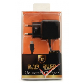 Charger F13c FastCharging x 2 USB (3.1A) + microUSB (black)