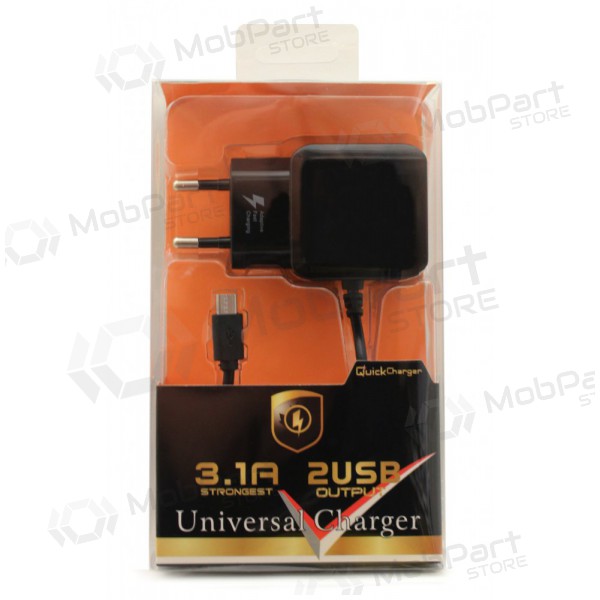 Charger F13c FastCharging x 2 USB (3.1A) + microUSB (black)