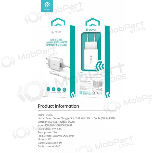 Charger Devia Smart x 2 USB (2.4A) + MicroUSB, (white)