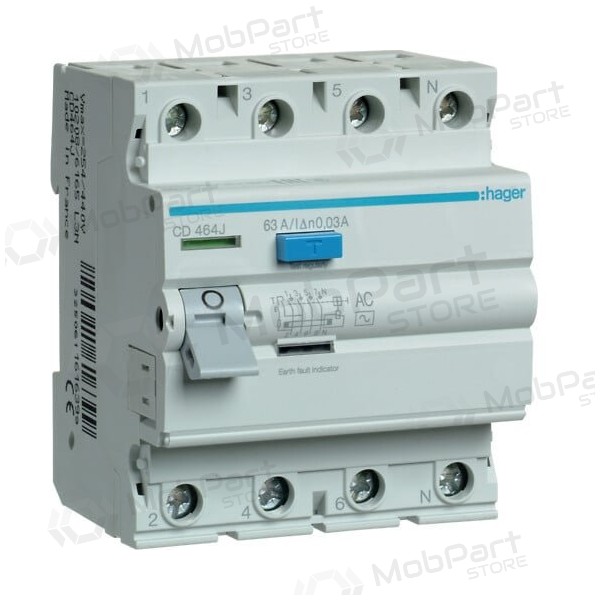 Current drain relay Hager CD464J (AC, 63A, 4P, 30mA, 400V)