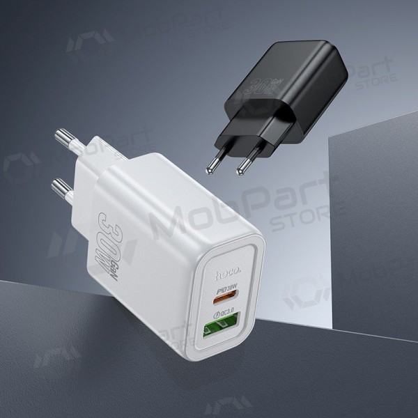 Phone charger Hoco N63 30 W GaN USB-C + USB-A with Lightning cable 1 m white
