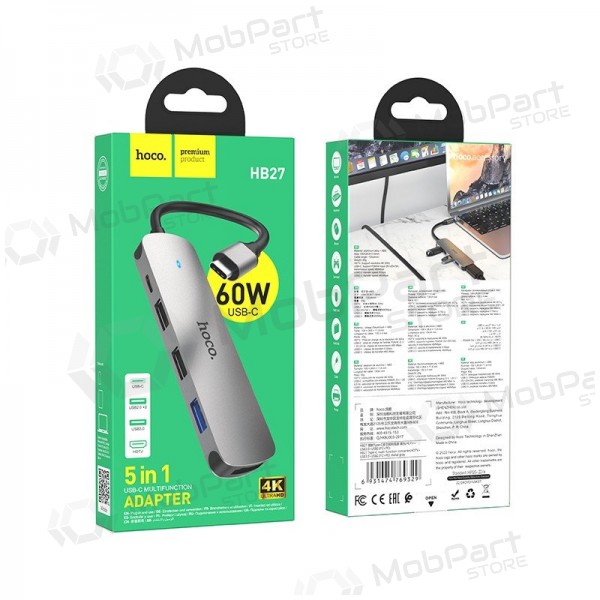 Adapter Hoco HB27 Type-C Multi-Function Converter HDMI+USB3.0+USB2.0*2+PD grey