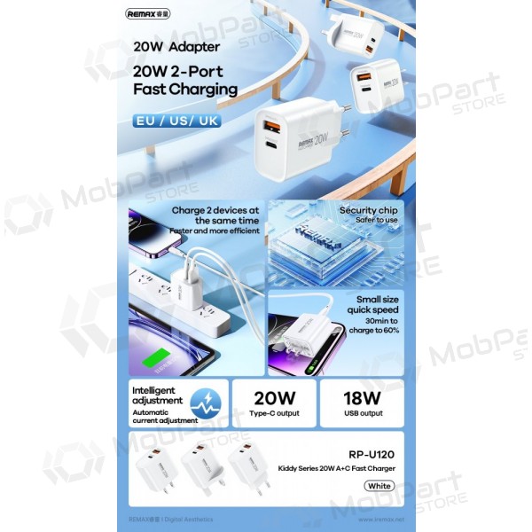 Phone charger Remax RP-U120 20 W USB-C + USB-A white