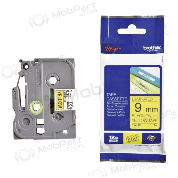 Brother TZe-621 (TZE621) laminated labeling tape cassette P-touch, black on yellow 9mm, 8m