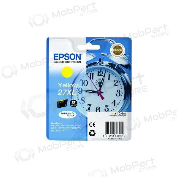 Epson No.27XL (C13T27144012) DURABrite Ultra 27XL, yellow cartridge for inkjet printers, 1100 pages. Epson No.27XL (C13T27144012) DURABrite Ultra 27XL, yellow cartridge for inkjet printers, 1100 pages.